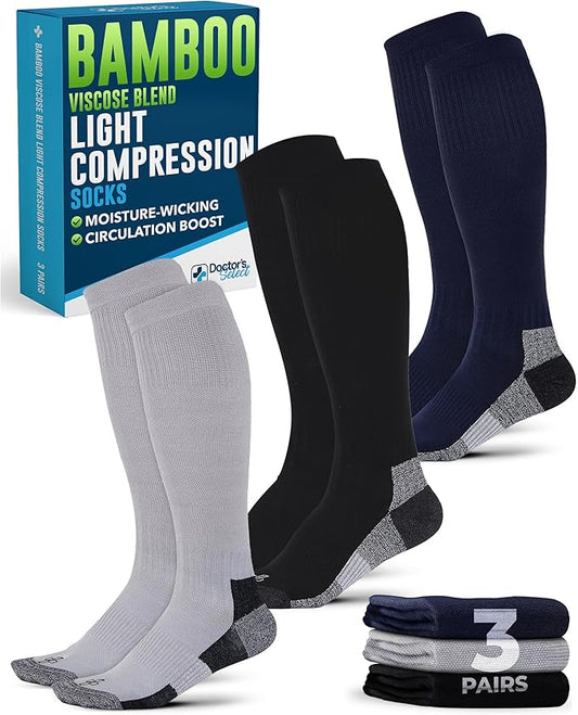 Doctor's Select Bamboo Viscose Light Compression Socks for Women & Men - 3 Pairs, 8-15 mmHg Compression Socks, Knee High