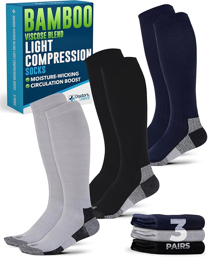 Doctor's Select Bamboo Viscose Light Compression Socks for Women & Men - 3 Pairs, 8-15 mmHg Compression Socks, Knee High