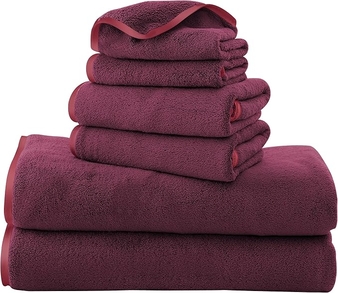 TENSTARS Microfiber Coral Velvet Luxury Silk Hemming Towel Set - Light Thin Quick Drying - 2 Bath Towels, 2 Hand Towels, 2 Washcloths - Burgundy 6 Pieces