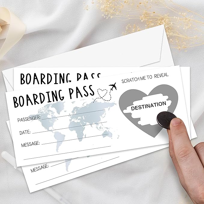 AWSICE Scratch Surprise Boarding Pass, 1 Set Make Your Own DIY Travel Ticket, Surprise Reveal Card for Holiday, Christmas, Wedding, Birthday, Anniversary, Party Supply(3.5"x8" Silver)-A005