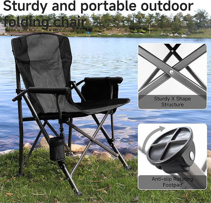 Folding Camping Chair with Cup Holder and Storage Bag, Heavy Duty Support 400 LBS, Oversized Collapsible Portable Camping Chair for Outdoor Camp, Picnic, Travel, Fishing Grey