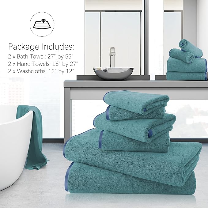 TENSTARS Luxury Silk Hemming Towel Set - Light Thin Quick Drying - 2 Bath Towels 2 Hand Towels 2 Washcloths - Ultra Soft Microfiber Towel for Bath Fitness, Sports, Yoga, Travel (Teal 6 Pieces)