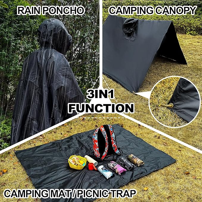 Hooded Rain Poncho for Adults - Waterproof Rain Coat and Lightweight Jacket 3-in-1 Multi-Function with Pockets