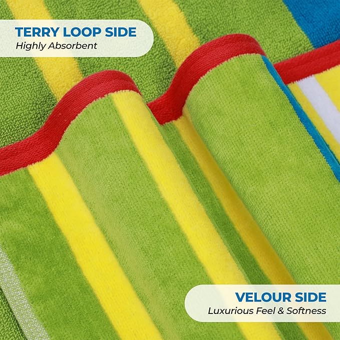 Superior Cotton Beach Towel, Absorbent Oversized Towel for Swimming Pool, Camping, Bathroom, Shower, Large, Quick Drying, Adults, Kids, Colorful, Mira Striped Collection, 68" x 34", Yellow-Green