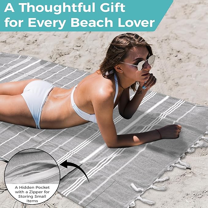 Turkish Beach Towel with Hidden Zipper Pocket 100% Cotton Oversized 72 x 37 Inches Quick Dry Sand Free Lightweight Compact for Beach, Pool, Travel, Bath, and Yoga (Light Gray)
