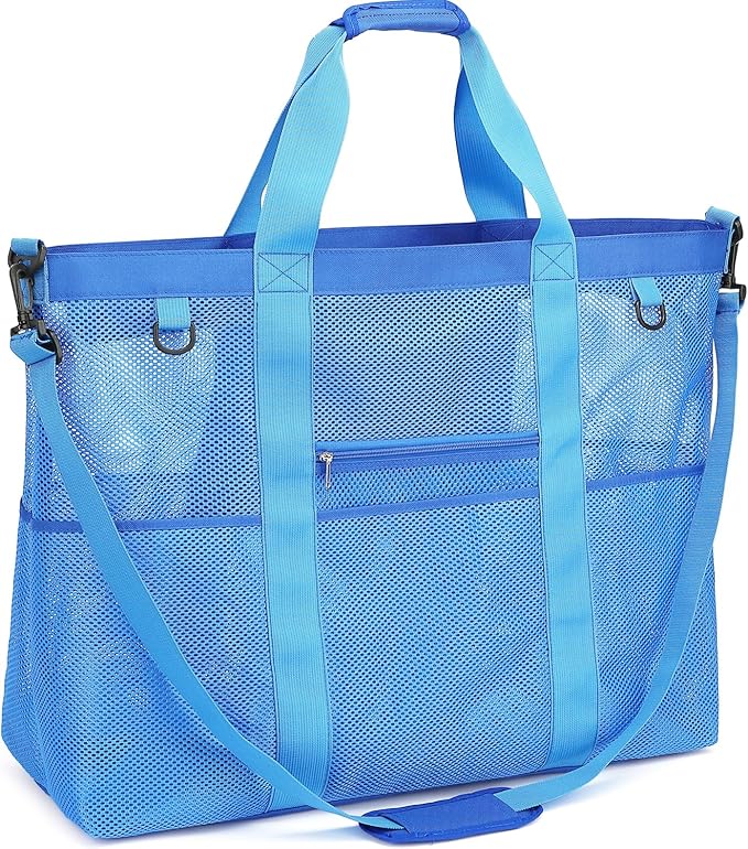 Mesh Beach Bag, Large Beach Tote with Zipper Pocket, Toys Pool Bag for Family Travel Vacation Cruise Essentials