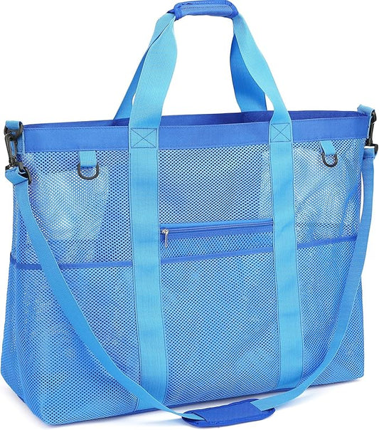 Mesh Beach Bag, Large Beach Tote with Zipper Pocket, Toys Pool Bag for Family Travel Vacation Cruise Essentials