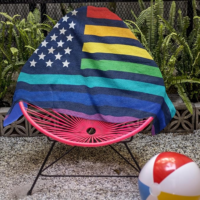 Neon Pride Flag Beach Towel 30”x60” - Soft Cotton Velour, Highly Absorbant, Quick Dry, Easy-Pack for Spring Break, Vacation, Beach, Pool - Lightweight, Compact for Travel - Novelty LGBTQ Gift