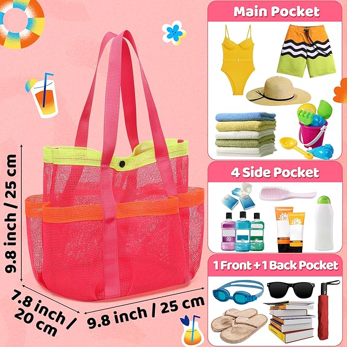 Mesh Beach Bag, Foldable Waterproof Sandproof Beach Storage Tote with 6 Pockets, Swim Tropical Vacation Pool Essential