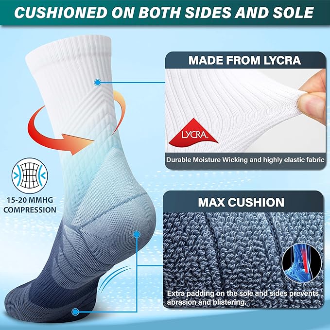 Hylaea Compression Running Socks for men, Coolmax Anti-Blister Cushion Crew Socks for Athletic, Moisture Wicking & Seamless