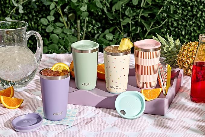 Ello 2 Pack 16oz Stainless Steel Stacking Cups with Easy Press Lids | Pint Size Reusable Tumblers for Parties, Home, Camping, Outdoor | Keeps Cold for 16 Hours, Dishwasher Safe | Stripes & Dots