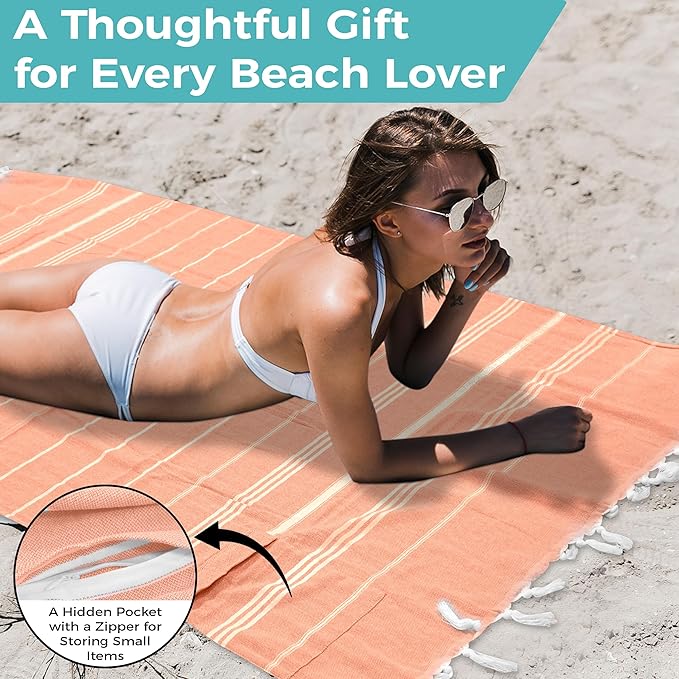 Turkish Beach Towel with Hidden Zipper Pocket 100% Cotton Oversized 72 x 37 Inches Quick Dry Sand Free Lightweight Compact for Beach, Pool, Travel, Bath, and Yoga (Light Orange)