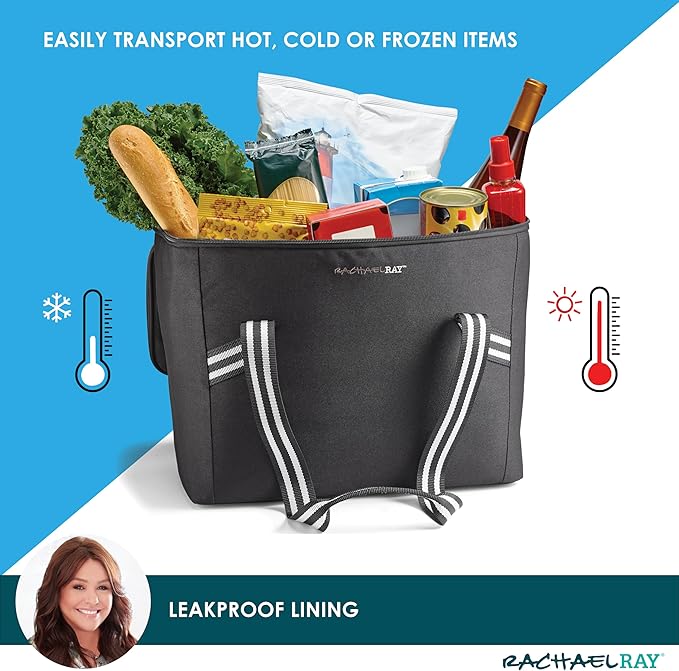 Rachael Ray Field Tote - Soft Sided Zippered Cooler Bag, Insulated & Leak Proof Grocery Bag, Portable Travel Cooler, Hot or Cold Carrier, Black