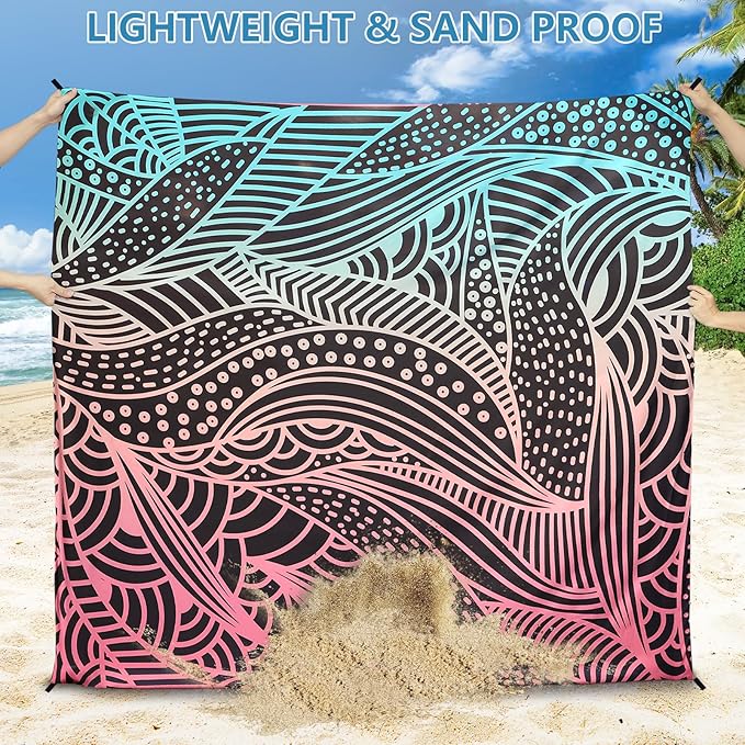 Beach Blanket Waterproof Sandproof Beach Mat for 1-8 Adults Quick Drying Durable Outdoor Picnic Mat for Beach Festival Travel Camping Hiking (Gradiant BK-Ripple, 79"×83"(4 Person))