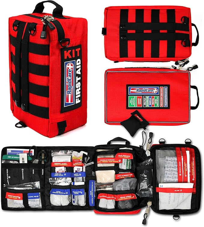 Rapid Care Premium Trauma First Aid Kit for Outdoors, Workplace, and Home - Exceed OSHA Guidelines and ANSI 2009 Standards - 240 Pieces - Includes Bonus Travel Kit