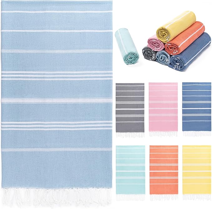Turkish Beach Towel, 36"x71" Quick Dry Sand Free Oversized Bath Pool Swim Towel, Lightweight Travel Turkish Towels Vacation Essentials, Light Blue