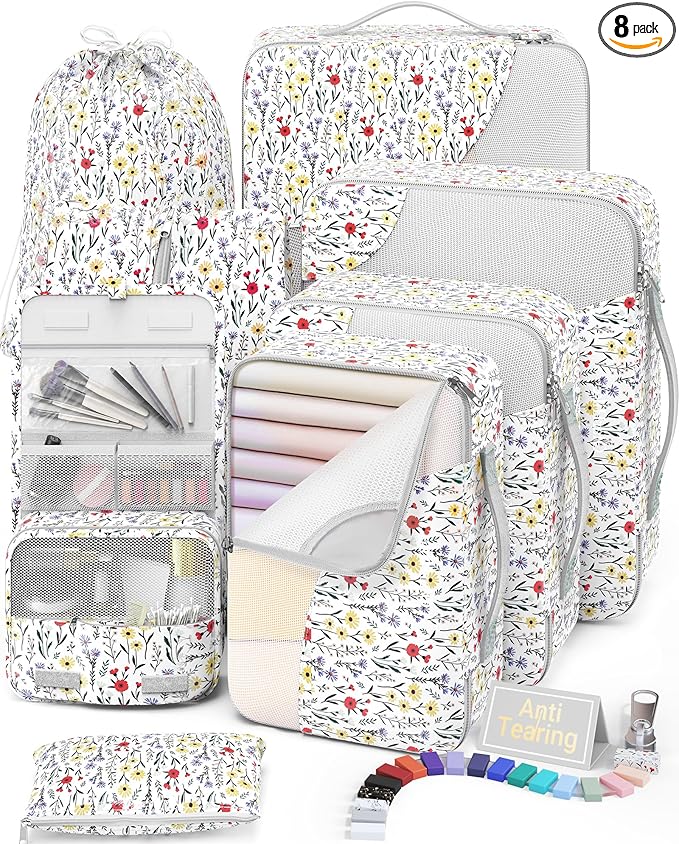 8 Set Packing Cubes for Travel, Gifts for Women Mom,Anti-Tearing Suitcase Organizer for Luggage with Shoe & Hanging Toiletry Bag,OlarHike Vacation Essentials & Accessories for Cruise Ship,Flower