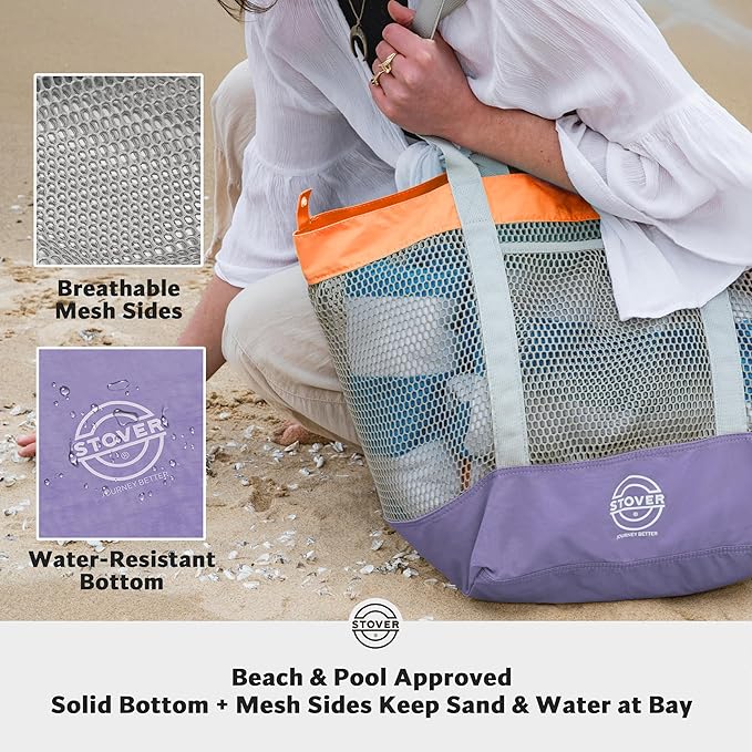 STOVER Extra Large Mesh Beach Bag, Vacation, Pool, Shopping & Travel Tote - Foldable w/Storage Pouch & Pockets for Women, Men