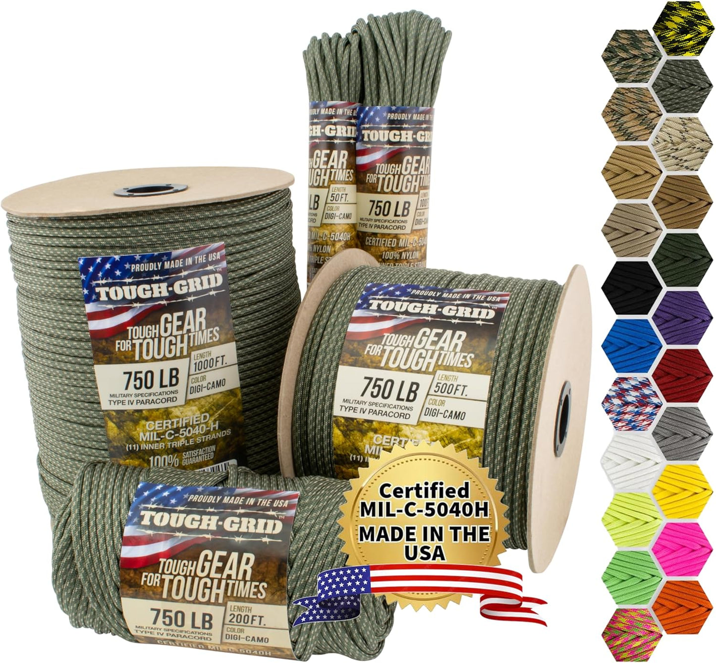 TOUGH-GRID 750 Paracord Rope Nylon Parachute Cord, Made in USA Survival Kit, Outdoor Adventures, Camping, Tactical Gear & Emergency Supplies, Military Type IV Mil-Spec