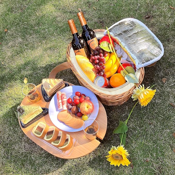 Hap Tim Wicker Picnic Basket Set for 2 with Mini Folding Wine Picnic Table & Large Insulated Cooler Bag & Cutlery Service Kits for 2 Person, Couples Gifts, Wedding Gifts (Y2209-2-GR)