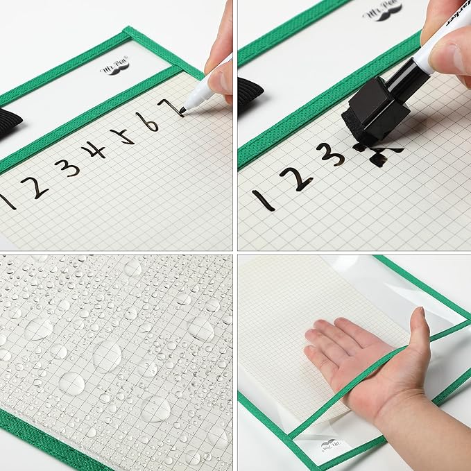 Mr. Pen- Dry Erase Pocket Sleeves, 6 Pack, 10"x14", Mint Melody Color Theme, Dry Erase Pockets Reusable Sleeves, Job Ticket Holders with Marker Holder & Metal Eyelet