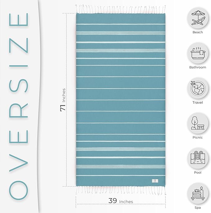 Turkish Beach Towel Quick Dry & Absorbent Extra Large (39" x 71") - Compact, Versatile and Functional as Picnic and Travel Blanket, Bath, Gym, Camping and Pool Towel - Mint