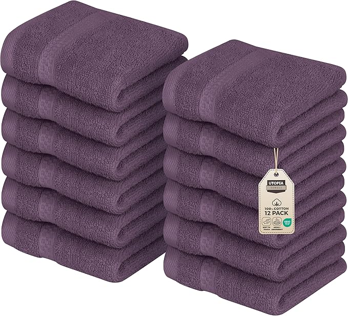 Utopia Towels 12 Pack Premium Wash Cloths Set, 12 by 12 Inches, 100% Cotton Ring Spun, Highly Absorbent and Soft Feel Essential Washcloths for Bathroom, Spa, Gym, and Face, Plum