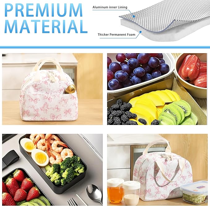 Insulated Lunch Box for Women and Men,Corduroy Lunch Bags for Work,Leakproof Adults Cooler Tote Bag for Offices,Picnic,Travel,Outdoor (Pink Bow)