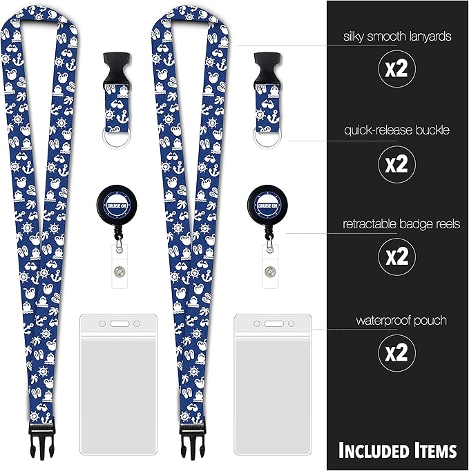 Cruise On Cruise Lanyard for Ship Cards – 2-Pack Retractable Badge & Waterproof Key Card Holder for Ship Cards – Cruise Essentials 2026-2027, Perfect for Travel & Vacation (White & Blue)
