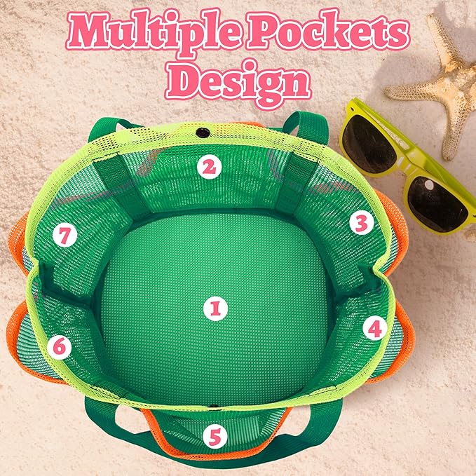 Mesh Beach Bag, Foldable Waterproof Sandproof Beach Storage Tote with 6 Pockets, Swim Tropical Vacation Pool Essential