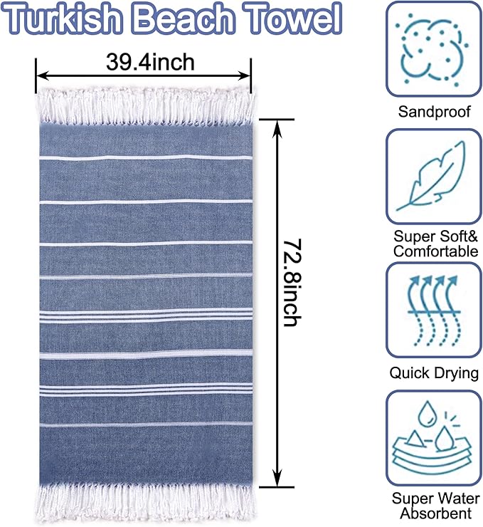 2 Pack Pink+Dark Blue Striped Turkish Weave Cotton Beach Towels, Super Absorbent & Quick Dry, Sand Free & Soft, Oversized 39 x 72 Inches, Adults Travel Towels