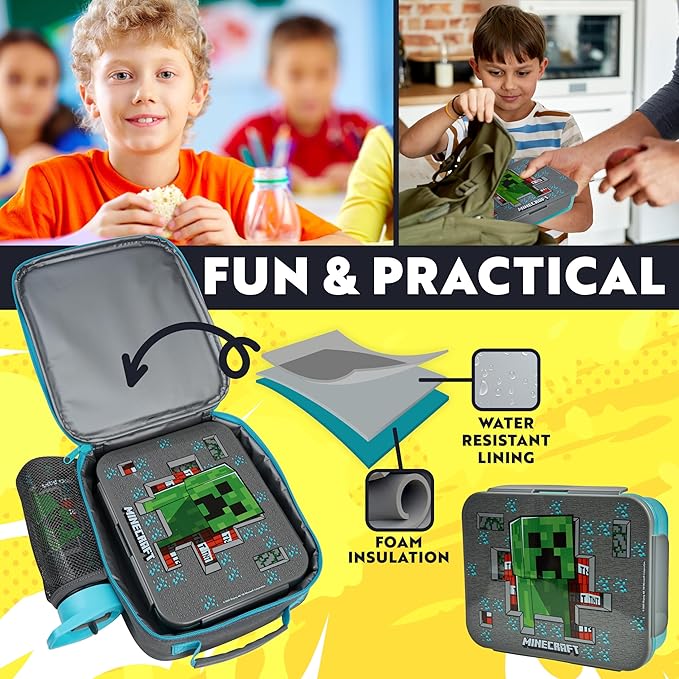 Get Trend Minecraft Lunch Bag, Lunch Box, Water Bottle for Kids 3 Piece Set Bento Box, Insulated Snack Container, Creeper Gifts for Kids (Multi Minecraft)