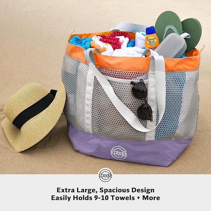 STOVER Extra Large Mesh Beach Bag, Vacation, Pool, Shopping & Travel Tote - Foldable w/Storage Pouch & Pockets for Women, Men