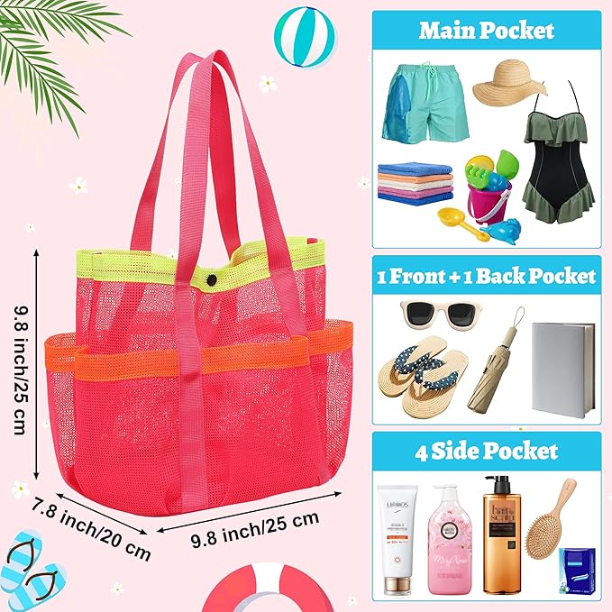 Mesh Beach Bag, Foldable Waterproof Sandproof Beach Storage Tote with 6 Pockets, Swim Tropical Vacation Pool Essential