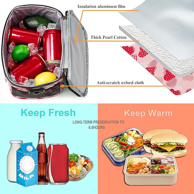 BEIMILY Lunch Box for Men/Women,Small Insulated Lunch Bag,Reusable LunchBox for work Picnic Hiking Beach,Leakproof Soft Cooler Tote Bag Organizer with Adjustable Shoulder Strap for Adults (Pink Heart)