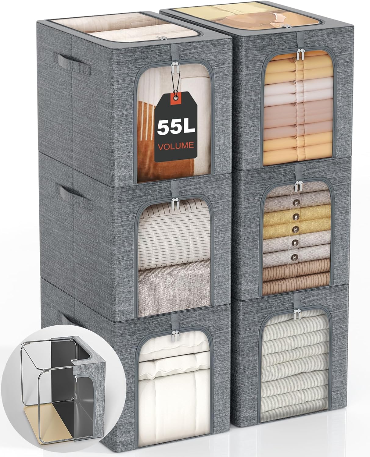 GoMaihe Clothes Storage Bins Metal Frame: 55L Extra Large Stackable Closet Storage Bin with Lid & Clear Window, Heavy Duty Blanket Box for Winter Coats Comforters (Fits Deep Closet 6-Pack)