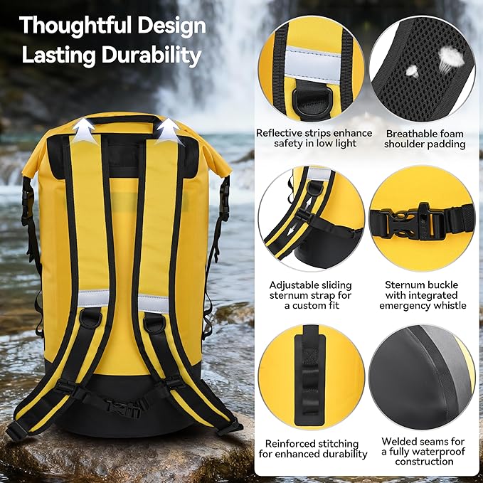 MARCHWAY Floating Roll Top Dry Bag, Flexible Lightweight TPU Waterproof Backpack 20L/30L/40L with Padded Straps for Boating, Kayaking, Swimming, Hiking, Beach (Yellow, 30L)