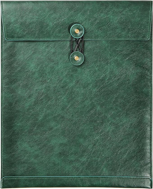 Green PU Leather File Folder for Documents,Important Document Folder with String Tie,Laptop Sleeve Notebook Case,Leather File Organizer, A4 Envelopes Filing Folder