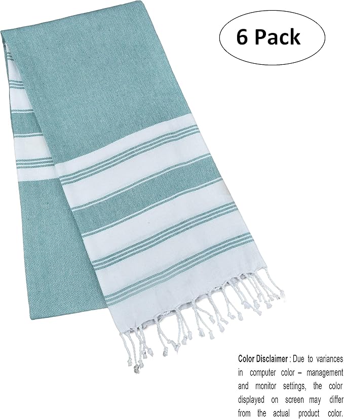GLAMBURG Peshtemal Turkish Beach Towel Cotton Oversized 36x71 Set of 6 for Adults, Soft Durable Absorbent Extra Large Hammam Bath Sheet - Teal