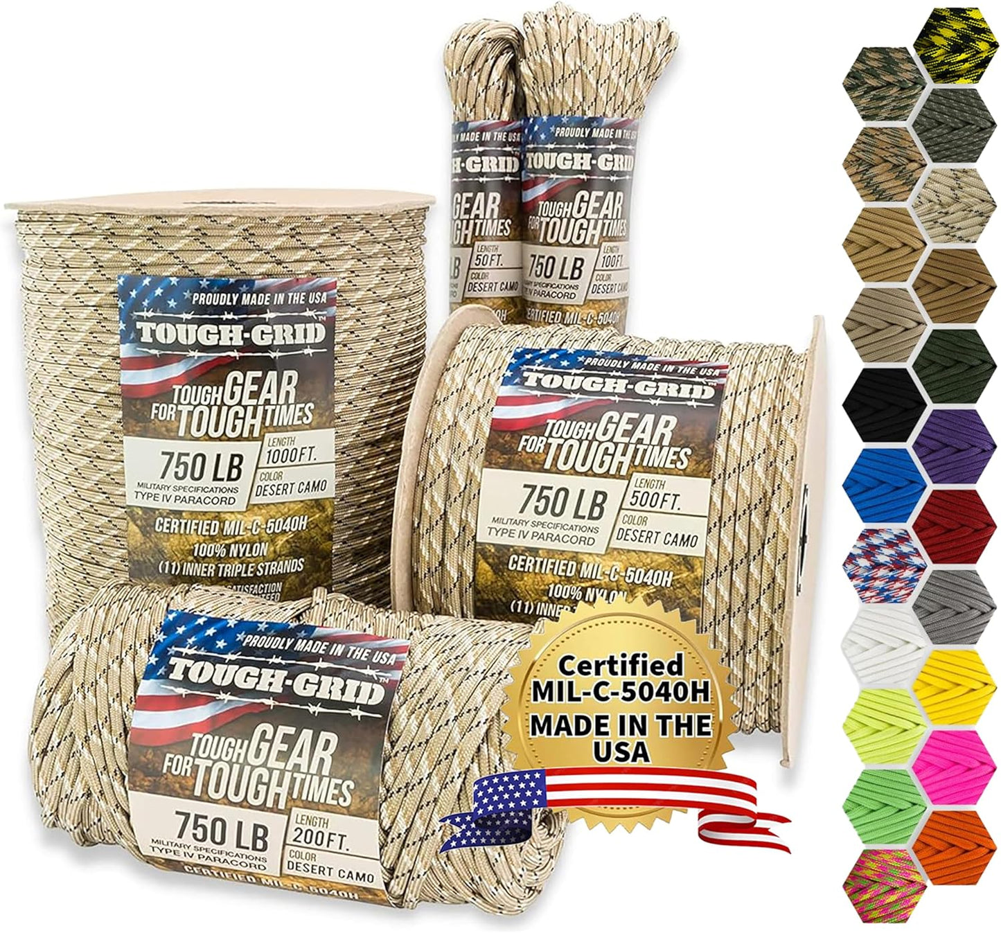 TOUGH-GRID 750 Paracord Rope Nylon Parachute Cord, Made in USA Survival Kit, Outdoor Adventures, Camping, Tactical Gear & Emergency Supplies, Military Type IV Mil-Spec