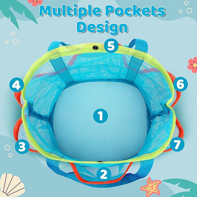 Mesh Beach Bag, Foldable Waterproof Sandproof Beach Storage Tote with 6 Pockets, Swim Tropical Vacation Pool Essential