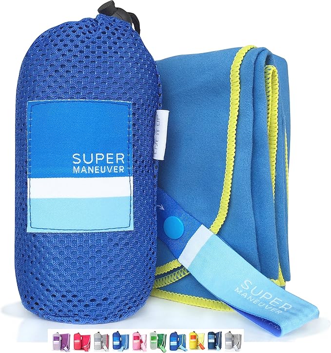 Super Towel for Sports, Travel & Beach — Extra Large, Lightweight, Compact, Absorbent, Quick-Drying, Soft Microfiber Suede — For indoors, outdoors, pool, gym, camping (Blue+Yellow, XL (60x32"))