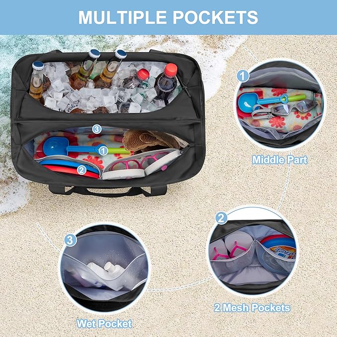 Yarwo Beach Bag for Women, Sandproof Swim Tote Bag with Cooler Compartment and Wet & Dry Pockets for Pool Cruise Vacation