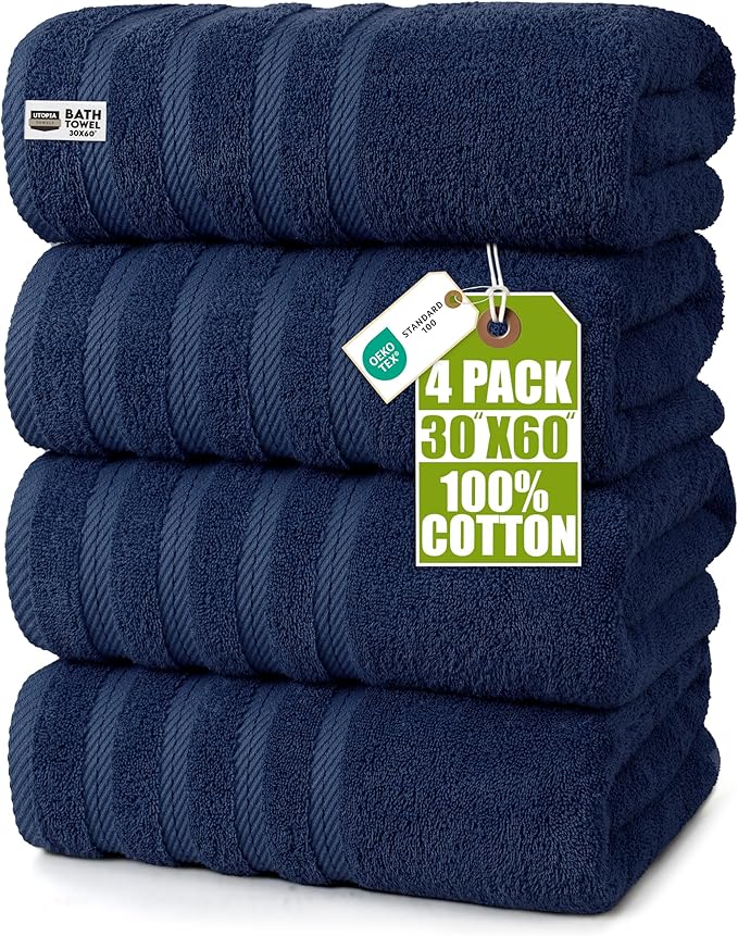 Utopia Towels 4 Pack Premium Extra Large Bath Towels Set, (30 x 60 Inches) 100% Ring Spun Cotton, Lightweight and Highly Absorbent Quick Drying Towels, Perfect for Daily Use (Navy)