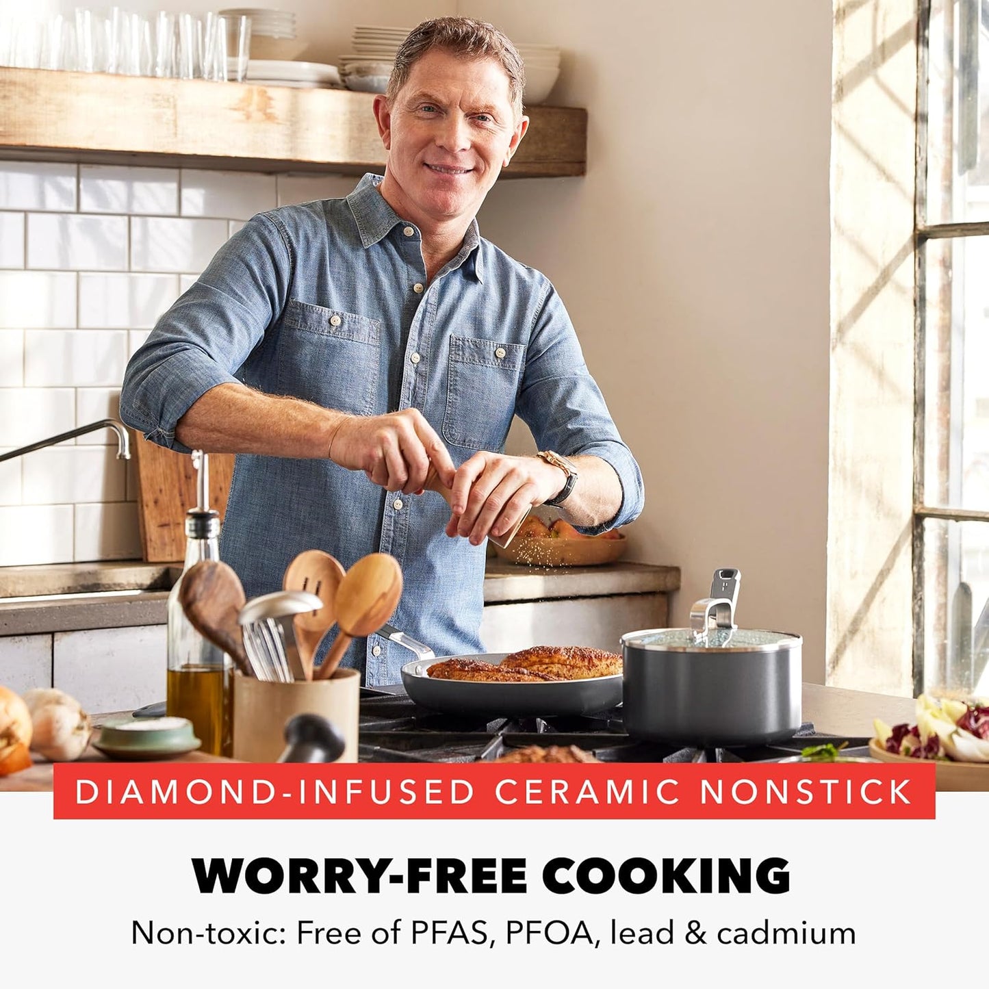 GreenPan x Bobby Flay 13 Piece Nonstick Cookware Pots and Pans Set, PFAS-Free Diamond Ceramic, Induction Suitable, Easy Clean Dishwasher & Oven Safe, Stay-Cool Silicone Handles, Glass Lids, Graphite