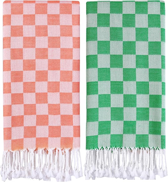 2 Packs Checkered Plaid Beach Sarong Turkish Towel Pareo Women Boho Swimsuit Coverup Maxi Bikini Cover Up Swim Tie Skirts Bath Suit Cruise Carnival Ship Essentials Packing List Accessories Vacation