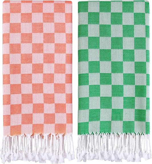 2 Packs Checkered Plaid Beach Sarong Turkish Towel Pareo Women Boho Swimsuit Coverup Maxi Bikini Cover Up Swim Tie Skirts Bath Suit Cruise Carnival Ship Essentials Packing List Accessories Vacation