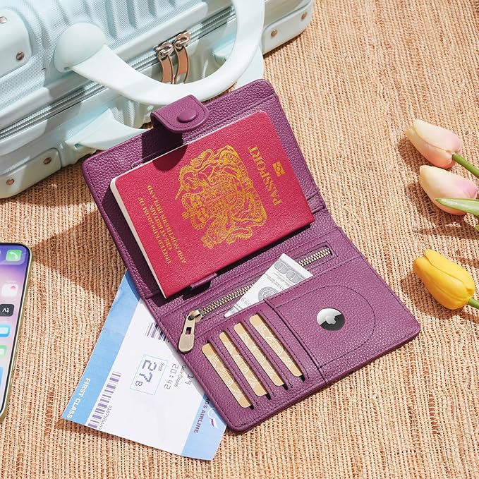 WASON Leather Passport Cover Wallet - Travel Passport Holder with RFID, Card Slots, Cash Pocket, Coin Purse, Tracker Slot, Boarding Pass and Ticket Organizer for Men and Women (Purple)