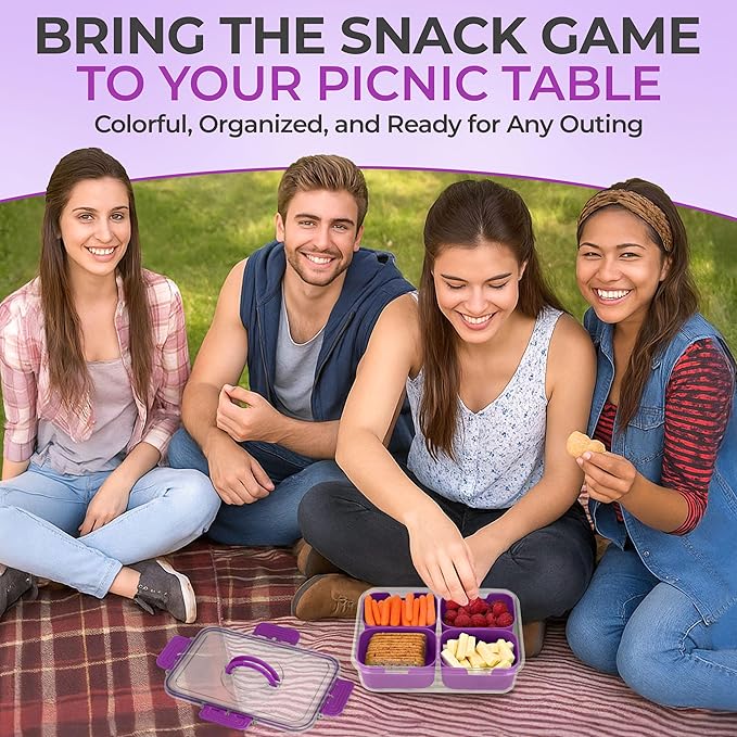 Snackle Box Container with Lid- Travel Charcuterie Box with Handle - Organizer for Candy, Fruit, Nuts, Veggies, Snacks, Beach Essentials, Portable Lunch Box (Purple, Small)