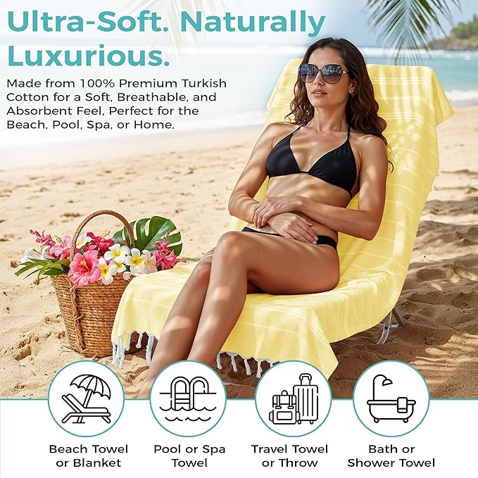 Turkish Beach Towel with Hidden Zipper Pocket 100% Cotton Oversized 72 x 37 Inches Quick Dry Sand Free Lightweight Compact for Beach, Pool, Travel, Bath, and Yoga (Light Yellow)